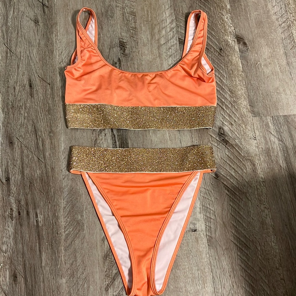 Pretty Little Thing coral gold rhinestone glitter bikini bathing suit size 8